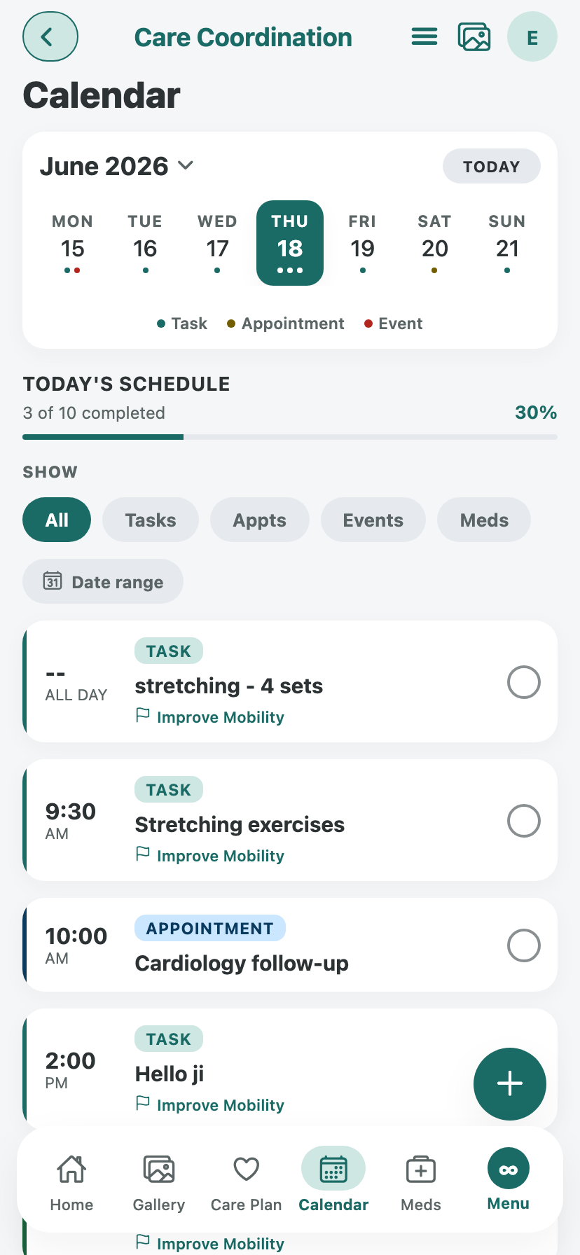 JourneyKin shared calendar with appointments, medications and tasks