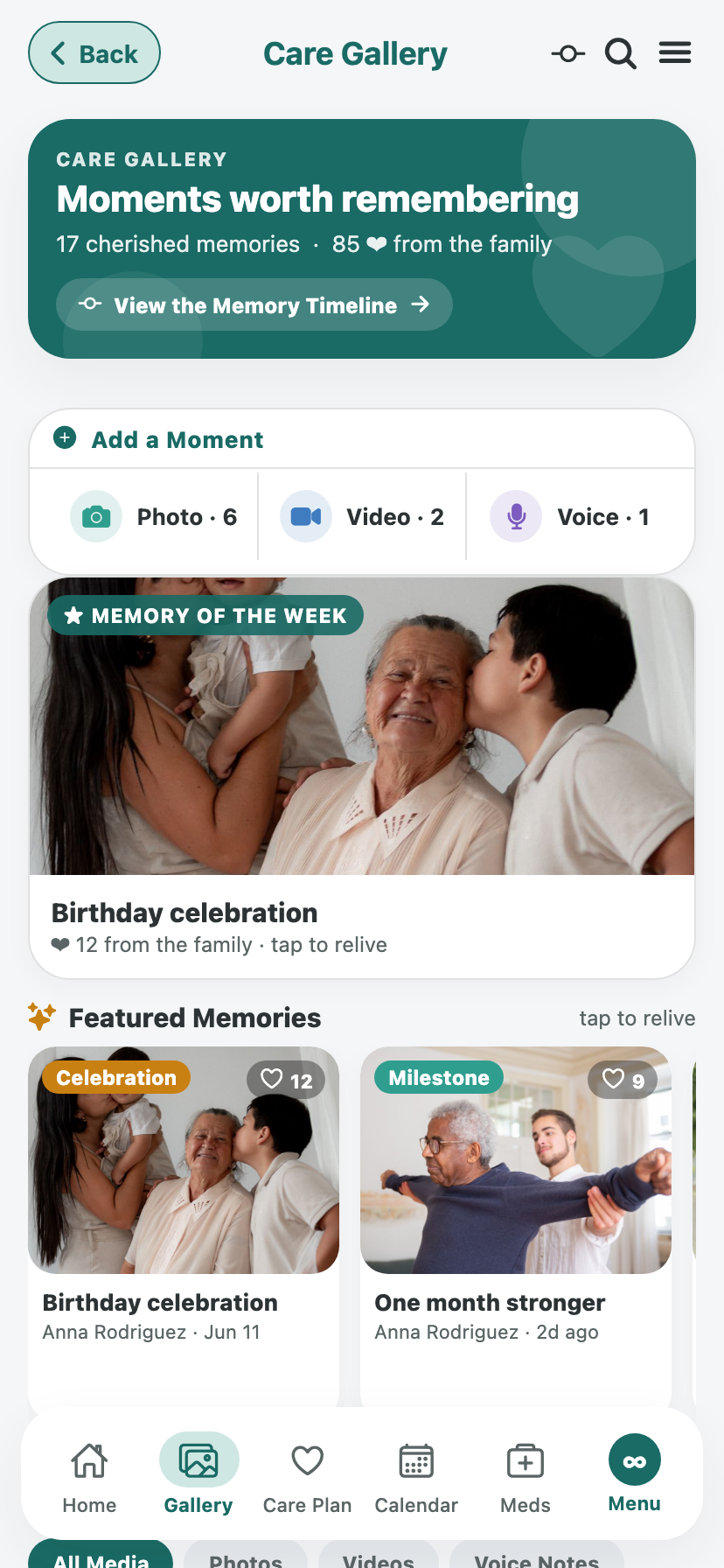JourneyKin care gallery: cherished memories, a memory of the week, and featured milestones the whole family adds to