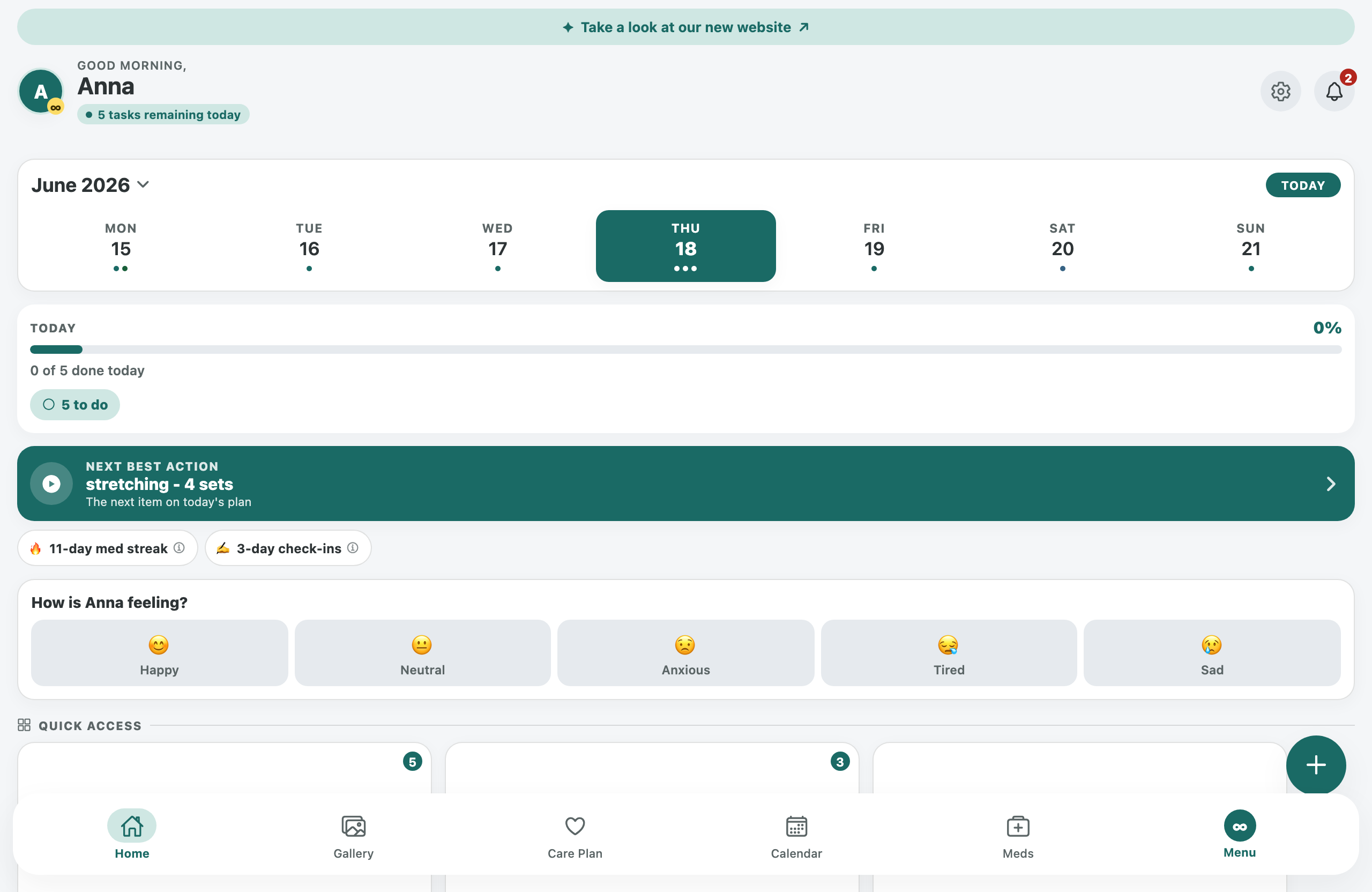 The JourneyKin web app on a desktop browser — today's care plan for Anna, the week at a glance, and the family's shared check-ins