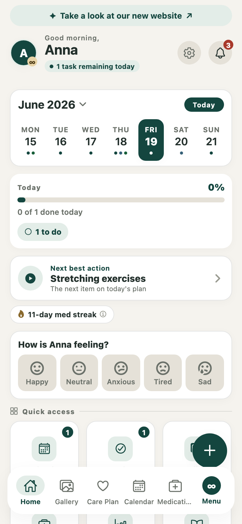 The JourneyKin home screen: today's care plan for Anna, medication progress, an 11-day streak, and the family's shared check-ins