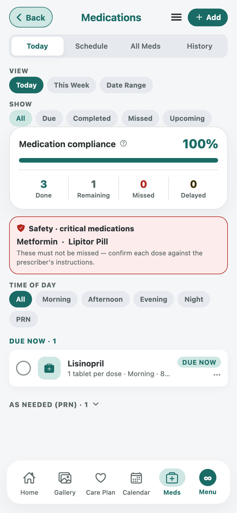 JourneyKin medications screen: 100% compliance, today's doses by time of day, and a safety panel for critical medications