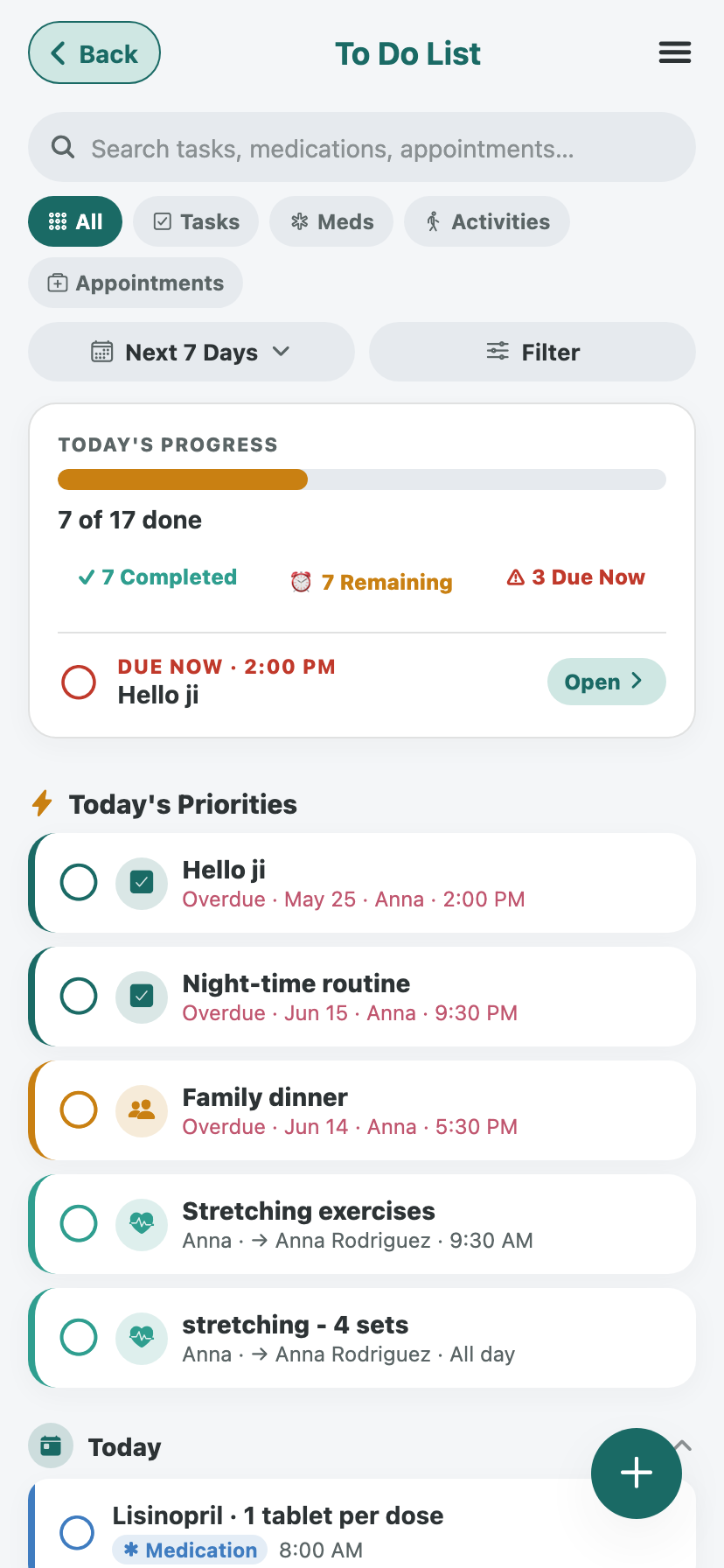 JourneyKin to-do screen: shared tasks for the day, who they're assigned to, and what's already done